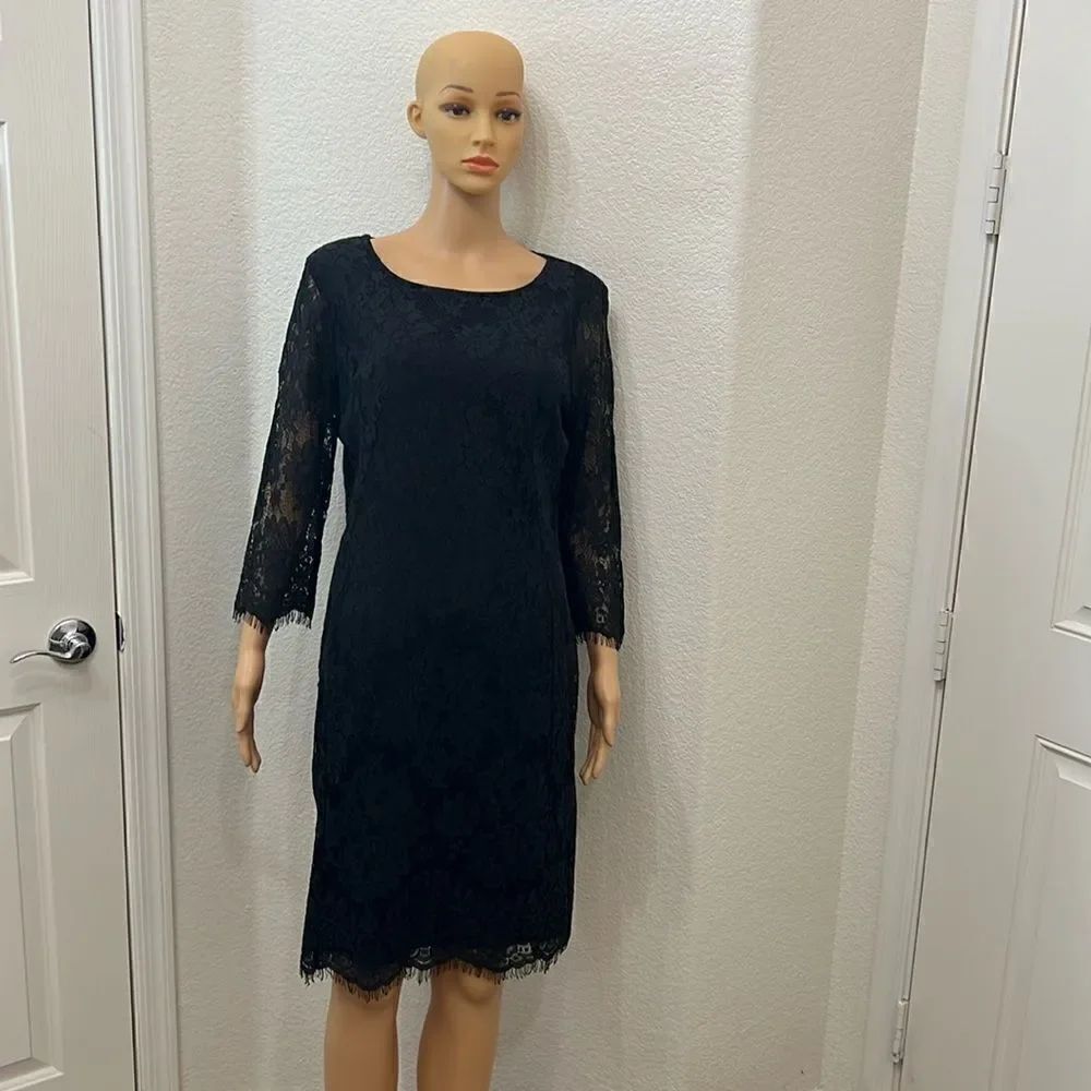 Simply Styled Dress Sz Large Black Floral Lace Scoop Neck Long Sleeve Midi New